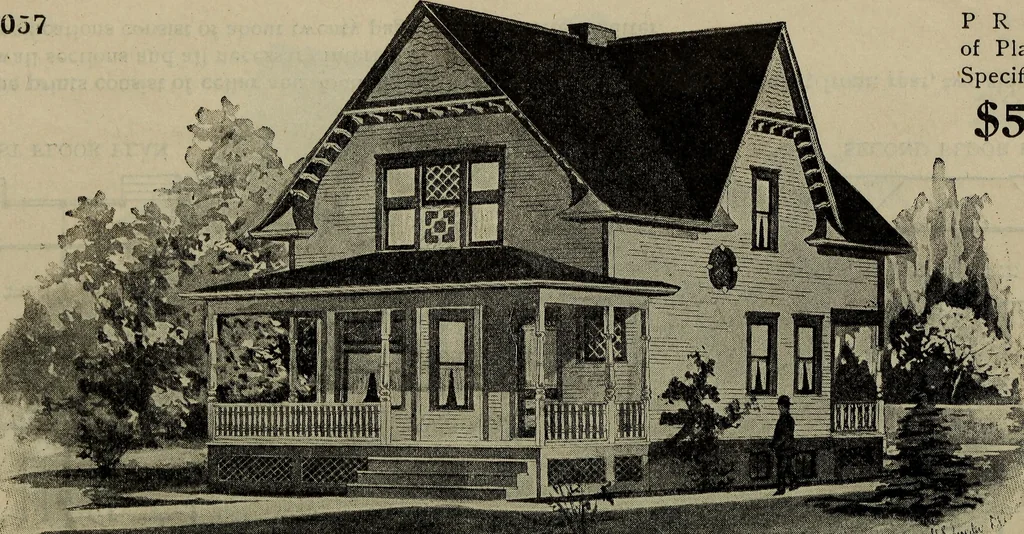 An illustration from Practical bungalows and cottages for town and country, perspective views and floor plans for three hundred low and medium priced houses and bungalows .., 1916, leaf 107