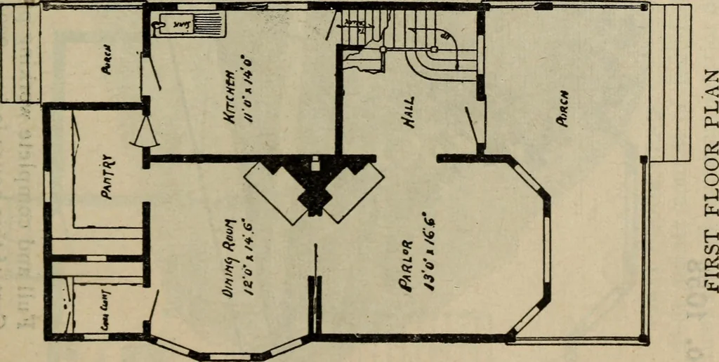 An illustration from Practical bungalows and cottages for town and country, perspective views and floor plans for three hundred low and medium priced houses and bungalows .., 1916, leaf 108