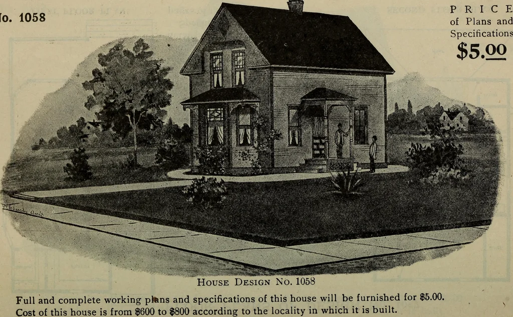 An illustration from Practical bungalows and cottages for town and country, perspective views and floor plans for three hundred low and medium priced houses and bungalows .., 1916, leaf 109