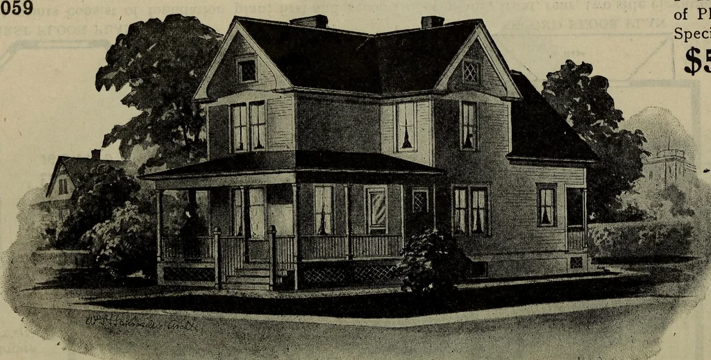 An illustration from Practical bungalows and cottages for town and country, perspective views and floor plans for three hundred low and medium priced houses and bungalows .., 1916, leaf 111