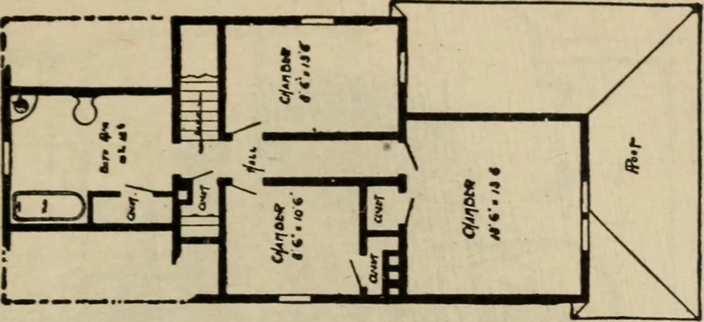 An illustration from Practical bungalows and cottages for town and country, perspective views and floor plans for three hundred low and medium priced houses and bungalows .., 1916, leaf 112