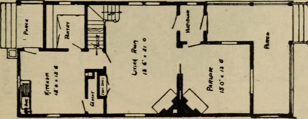 An illustration from Practical bungalows and cottages for town and country, perspective views and floor plans for three hundred low and medium priced houses and bungalows .., 1916, leaf 112
