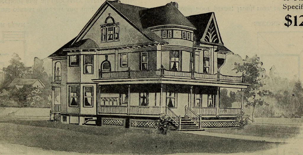 An illustration from Practical bungalows and cottages for town and country, perspective views and floor plans for three hundred low and medium priced houses and bungalows .., 1916, leaf 113