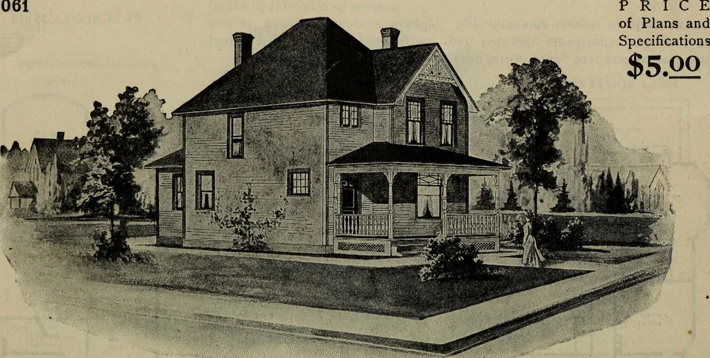 An illustration from Practical bungalows and cottages for town and country, perspective views and floor plans for three hundred low and medium priced houses and bungalows .., 1916, leaf 115