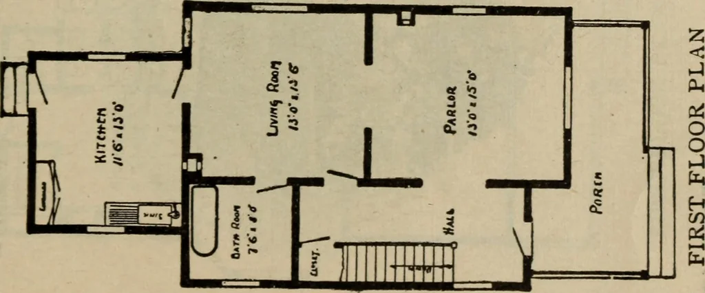 An illustration from Practical bungalows and cottages for town and country, perspective views and floor plans for three hundred low and medium priced houses and bungalows .., 1916, leaf 116