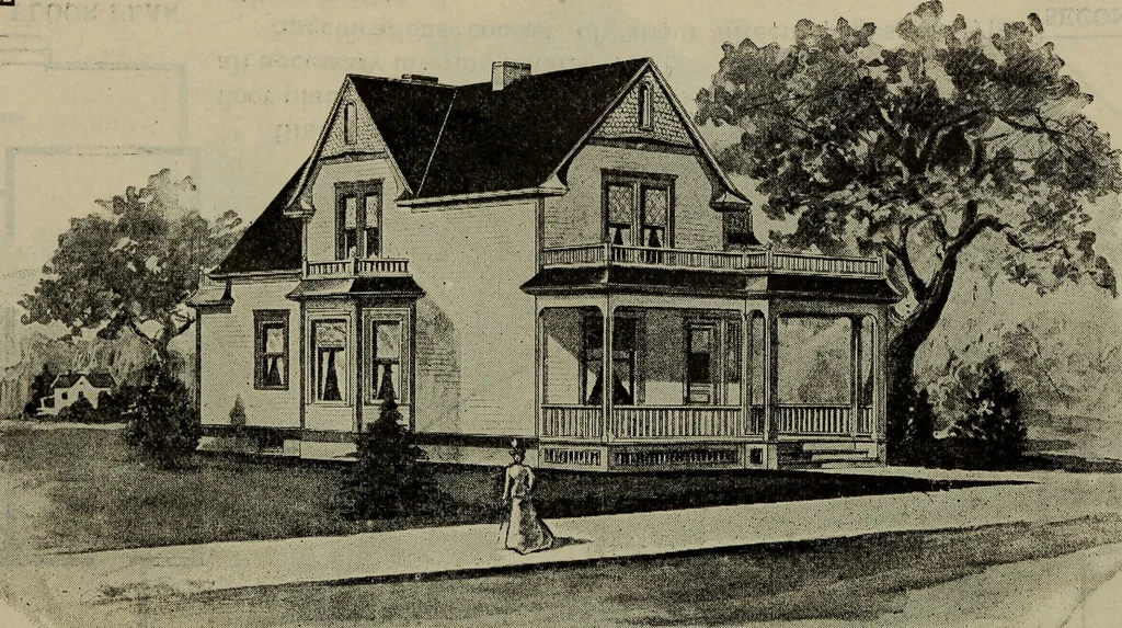An illustration from Practical bungalows and cottages for town and country, perspective views and floor plans for three hundred low and medium priced houses and bungalows .., 1916, leaf 117