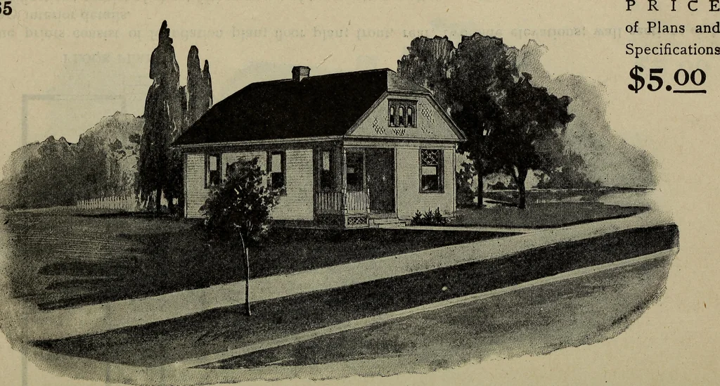 An illustration from Practical bungalows and cottages for town and country, perspective views and floor plans for three hundred low and medium priced houses and bungalows .., 1916, leaf 123