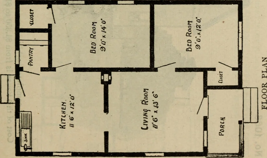 An illustration from Practical bungalows and cottages for town and country, perspective views and floor plans for three hundred low and medium priced houses and bungalows .., 1916, leaf 124