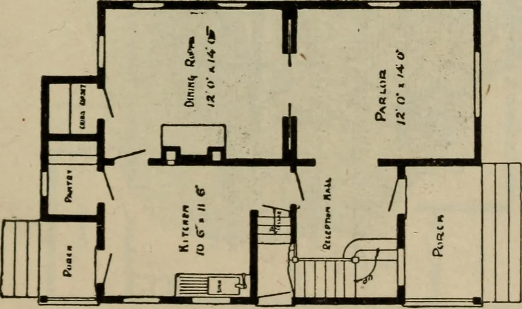 An illustration from Practical bungalows and cottages for town and country, perspective views and floor plans for three hundred low and medium priced houses and bungalows .., 1916, leaf 126