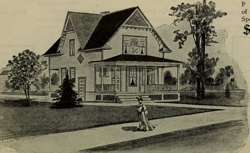 An illustration from Practical bungalows and cottages for town and country, perspective views and floor plans for three hundred low and medium priced houses and bungalows .., 1916, leaf 129