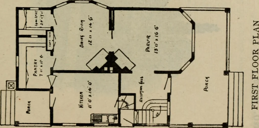 An illustration from Practical bungalows and cottages for town and country, perspective views and floor plans for three hundred low and medium priced houses and bungalows .., 1916, leaf 130