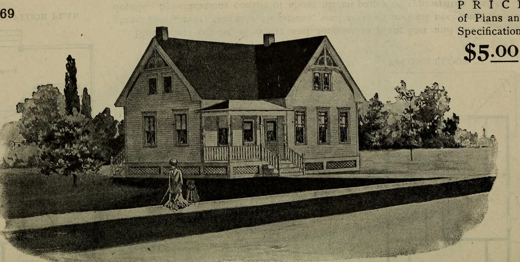 An illustration from Practical bungalows and cottages for town and country, perspective views and floor plans for three hundred low and medium priced houses and bungalows .., 1916, leaf 131