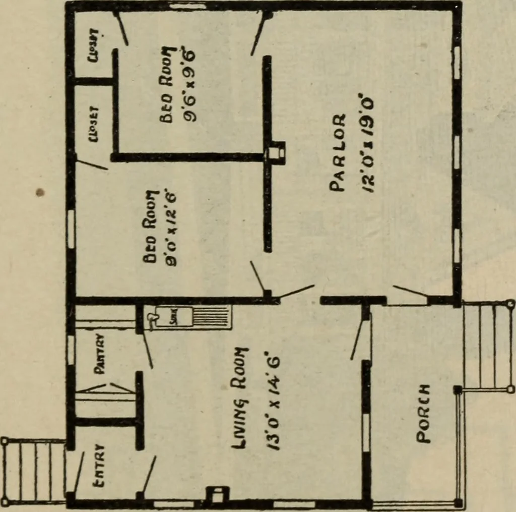 An illustration from Practical bungalows and cottages for town and country, perspective views and floor plans for three hundred low and medium priced houses and bungalows .., 1916, leaf 132
