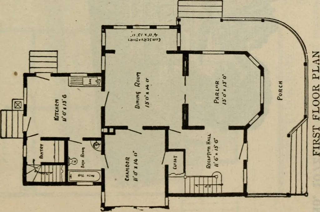 An illustration from Practical bungalows and cottages for town and country, perspective views and floor plans for three hundred low and medium priced houses and bungalows .., 1916, leaf 136