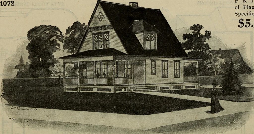 An illustration from Practical bungalows and cottages for town and country, perspective views and floor plans for three hundred low and medium priced houses and bungalows .., 1916, leaf 137