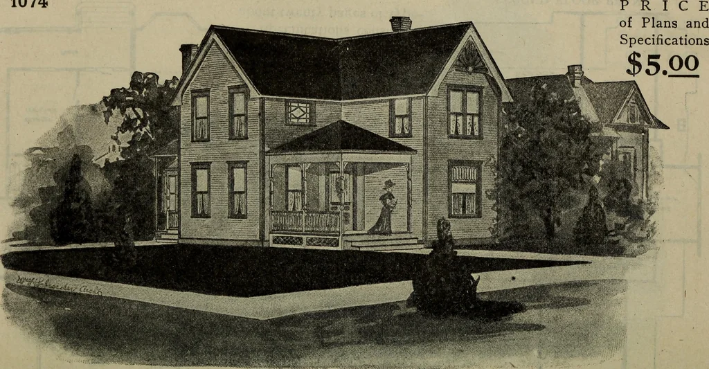An illustration from Practical bungalows and cottages for town and country, perspective views and floor plans for three hundred low and medium priced houses and bungalows .., 1916, leaf 141