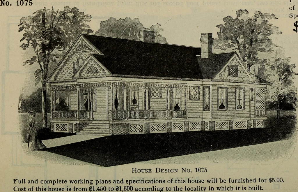 An illustration from Practical bungalows and cottages for town and country, perspective views and floor plans for three hundred low and medium priced houses and bungalows .., 1916, leaf 143