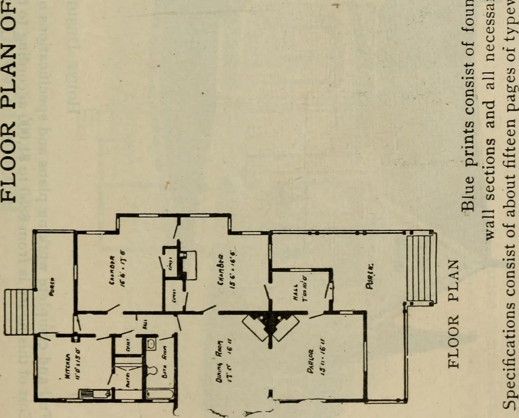 An illustration from Practical bungalows and cottages for town and country, perspective views and floor plans for three hundred low and medium priced houses and bungalows .., 1916, leaf 144