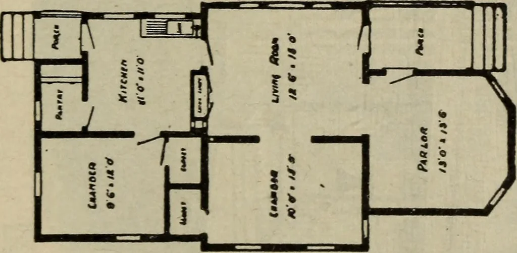 An illustration from Practical bungalows and cottages for town and country, perspective views and floor plans for three hundred low and medium priced houses and bungalows .., 1916, leaf 146