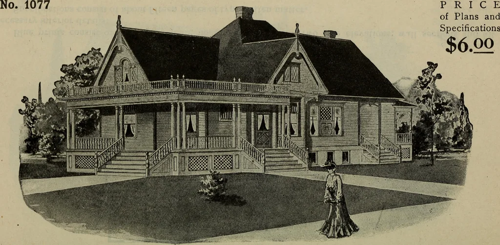 An illustration from Practical bungalows and cottages for town and country, perspective views and floor plans for three hundred low and medium priced houses and bungalows .., 1916, leaf 147