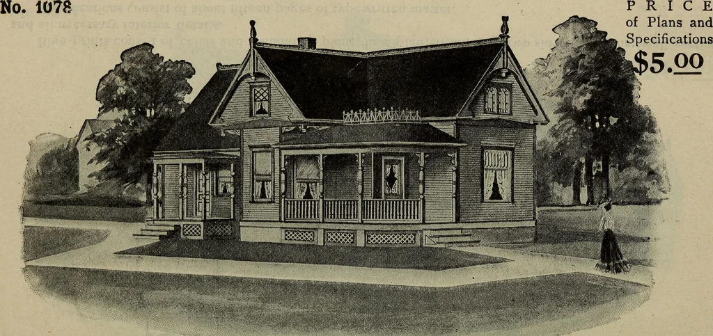 An illustration from Practical bungalows and cottages for town and country, perspective views and floor plans for three hundred low and medium priced houses and bungalows .., 1916, leaf 149
