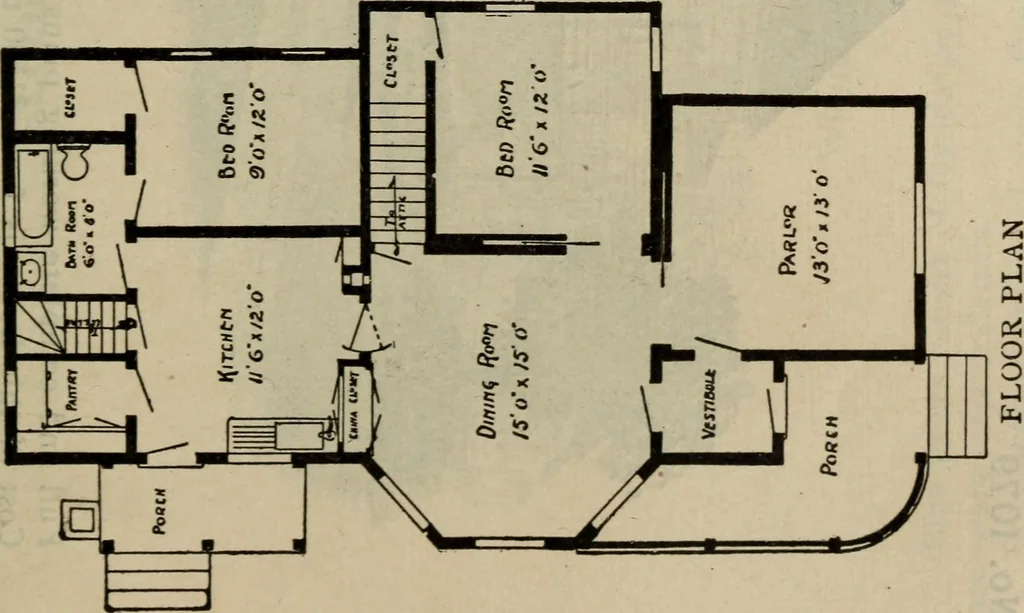 An illustration from Practical bungalows and cottages for town and country, perspective views and floor plans for three hundred low and medium priced houses and bungalows .., 1916, leaf 150