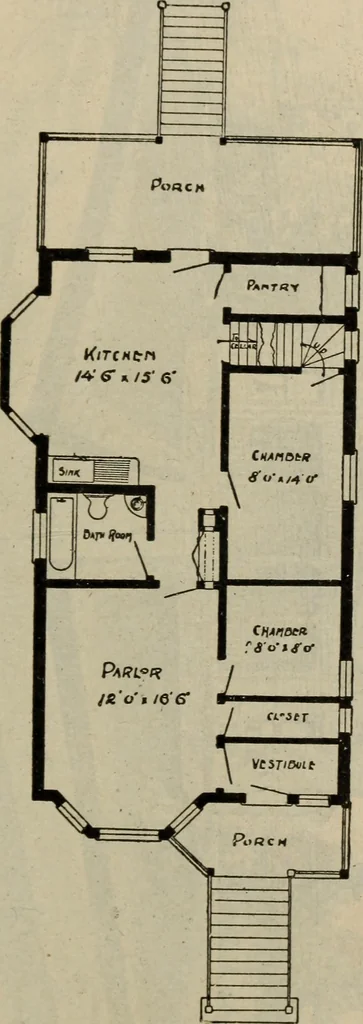 An illustration from Practical bungalows and cottages for town and country, perspective views and floor plans for three hundred low and medium priced houses and bungalows .., 1916, leaf 152