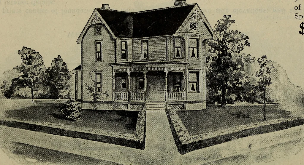An illustration from Practical bungalows and cottages for town and country, perspective views and floor plans for three hundred low and medium priced houses and bungalows .., 1916, leaf 153
