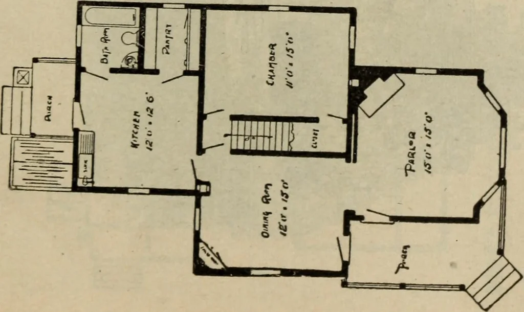 An illustration from Practical bungalows and cottages for town and country, perspective views and floor plans for three hundred low and medium priced houses and bungalows .., 1916, leaf 154