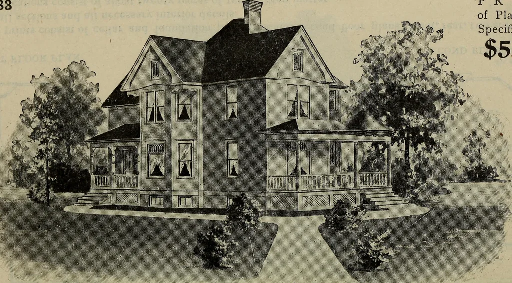 An illustration from Practical bungalows and cottages for town and country, perspective views and floor plans for three hundred low and medium priced houses and bungalows .., 1916, leaf 155