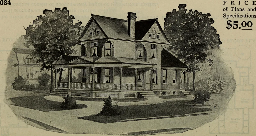 An illustration from Practical bungalows and cottages for town and country, perspective views and floor plans for three hundred low and medium priced houses and bungalows .., 1916, leaf 157