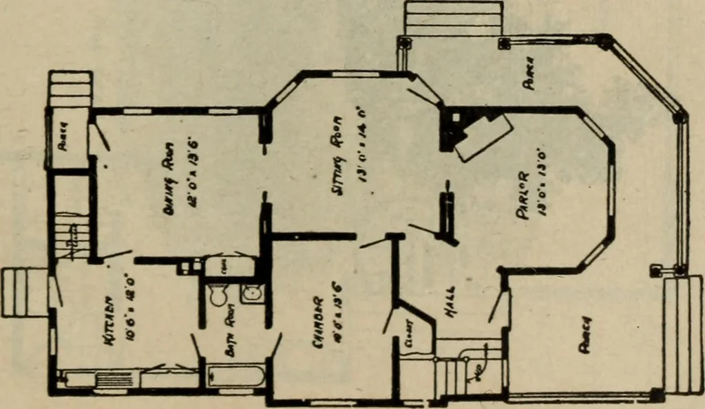 An illustration from Practical bungalows and cottages for town and country, perspective views and floor plans for three hundred low and medium priced houses and bungalows .., 1916, leaf 158