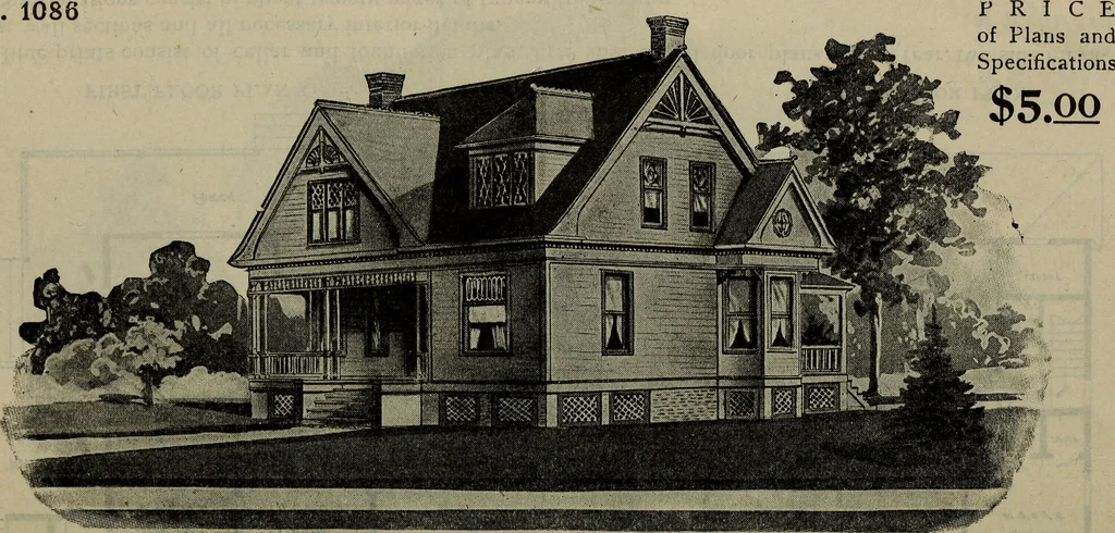 An illustration from Practical bungalows and cottages for town and country, perspective views and floor plans for three hundred low and medium priced houses and bungalows .., 1916, leaf 161