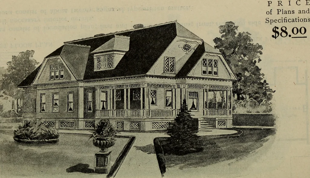 An illustration from Practical bungalows and cottages for town and country, perspective views and floor plans for three hundred low and medium priced houses and bungalows .., 1916, leaf 163