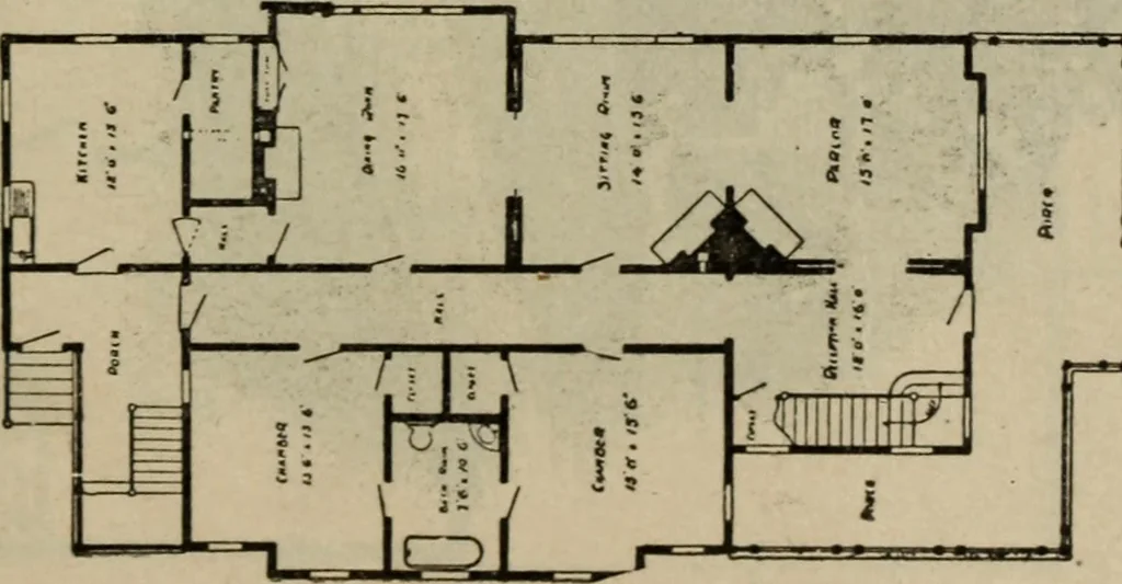 An illustration from Practical bungalows and cottages for town and country, perspective views and floor plans for three hundred low and medium priced houses and bungalows .., 1916, leaf 164