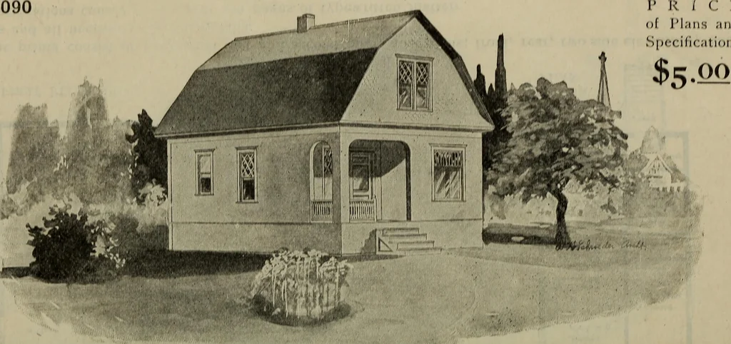 An illustration from Practical bungalows and cottages for town and country, perspective views and floor plans for three hundred low and medium priced houses and bungalows .., 1916, leaf 169