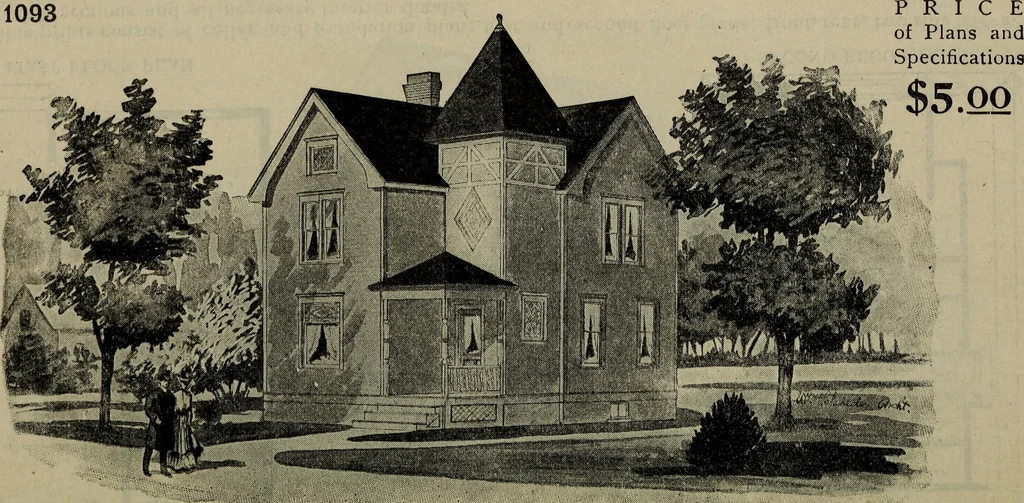 An illustration from Practical bungalows and cottages for town and country, perspective views and floor plans for three hundred low and medium priced houses and bungalows .., 1916, leaf 175