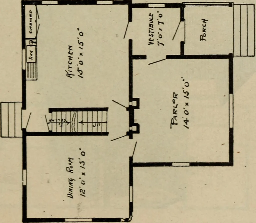 An illustration from Practical bungalows and cottages for town and country, perspective views and floor plans for three hundred low and medium priced houses and bungalows .., 1916, leaf 176