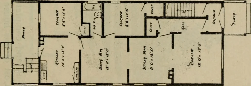 An illustration from Practical bungalows and cottages for town and country, perspective views and floor plans for three hundred low and medium priced houses and bungalows .., 1916, leaf 178