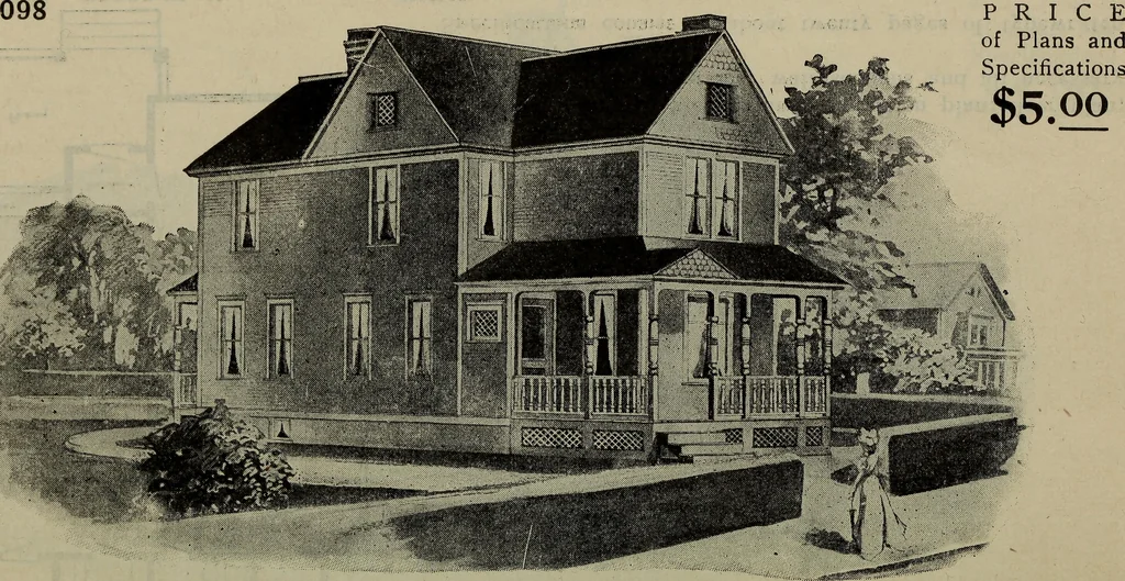 An illustration from Practical bungalows and cottages for town and country, perspective views and floor plans for three hundred low and medium priced houses and bungalows .., 1916, leaf 185