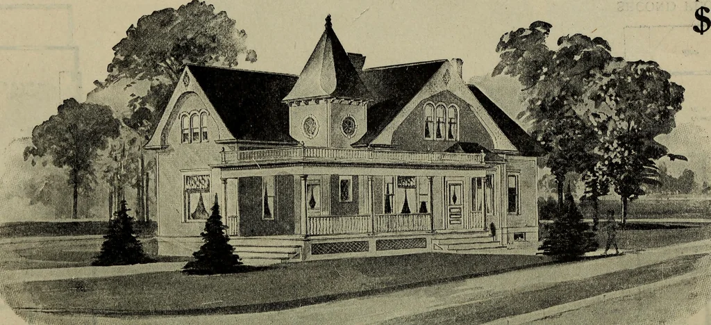 An illustration from Practical bungalows and cottages for town and country, perspective views and floor plans for three hundred low and medium priced houses and bungalows .., 1916, leaf 187