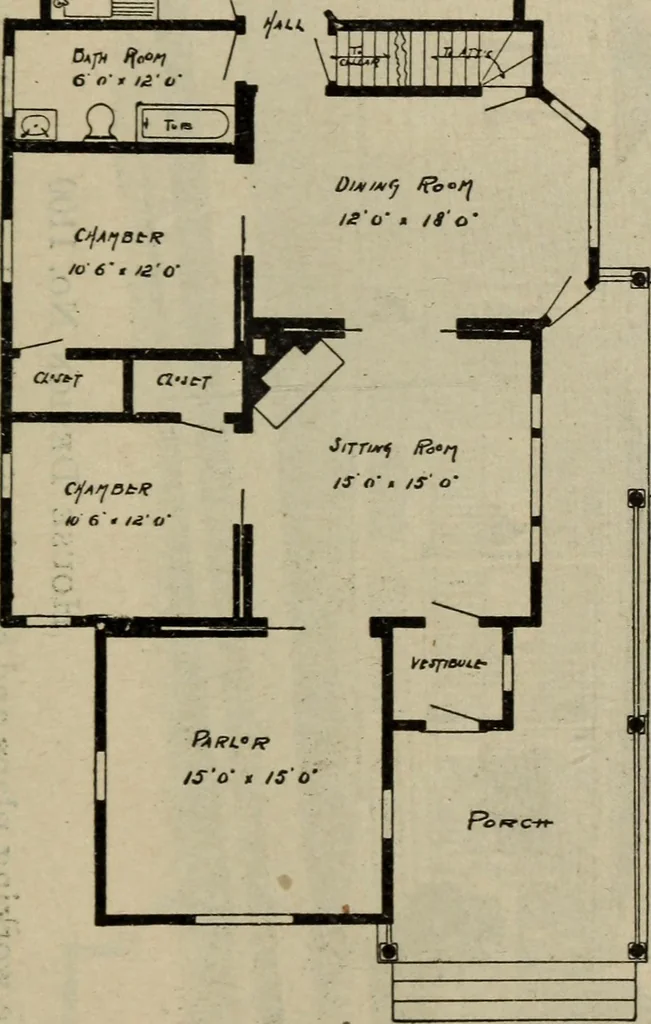 An illustration from Practical bungalows and cottages for town and country, perspective views and floor plans for three hundred low and medium priced houses and bungalows .., 1916, leaf 188