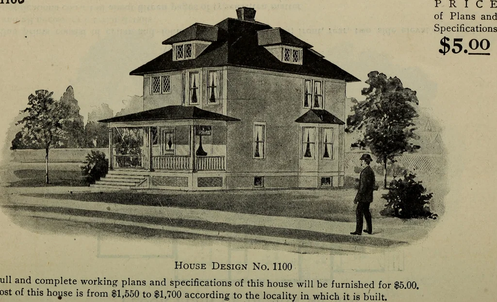 An illustration from Practical bungalows and cottages for town and country, perspective views and floor plans for three hundred low and medium priced houses and bungalows .., 1916, leaf 189