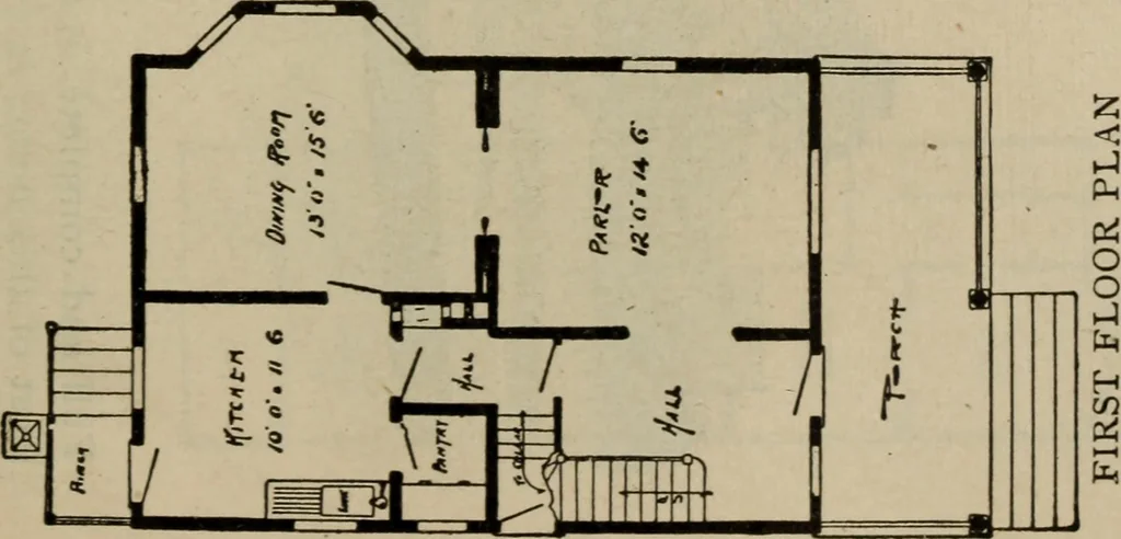 An illustration from Practical bungalows and cottages for town and country, perspective views and floor plans for three hundred low and medium priced houses and bungalows .., 1916, leaf 190