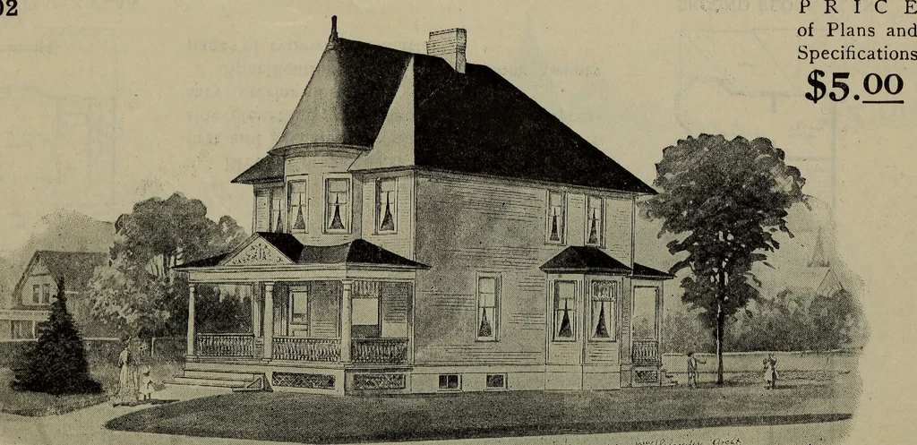 An illustration from Practical bungalows and cottages for town and country, perspective views and floor plans for three hundred low and medium priced houses and bungalows .., 1916, leaf 193