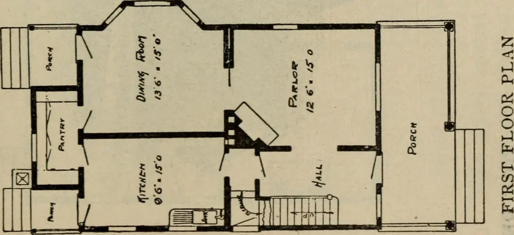 An illustration from Practical bungalows and cottages for town and country, perspective views and floor plans for three hundred low and medium priced houses and bungalows .., 1916, leaf 194