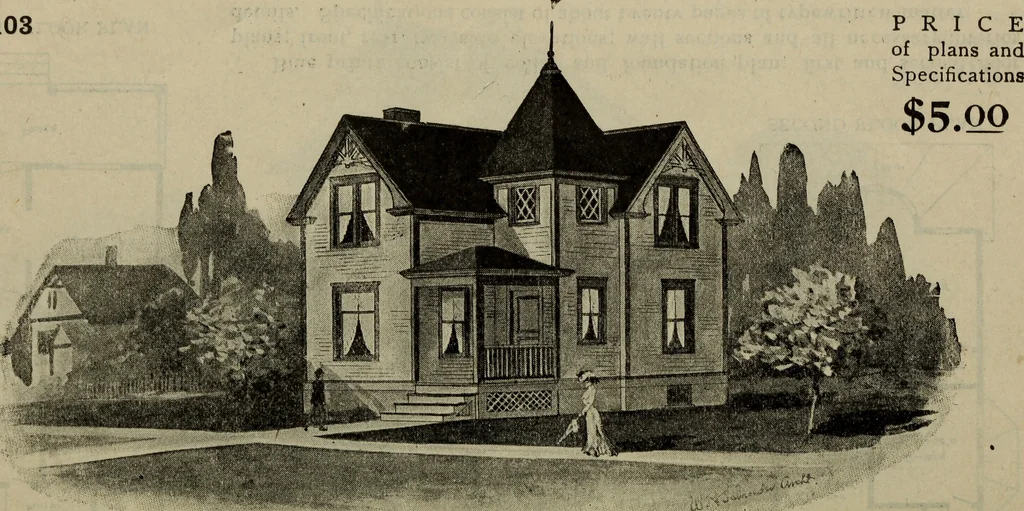 An illustration from Practical bungalows and cottages for town and country, perspective views and floor plans for three hundred low and medium priced houses and bungalows .., 1916, leaf 195