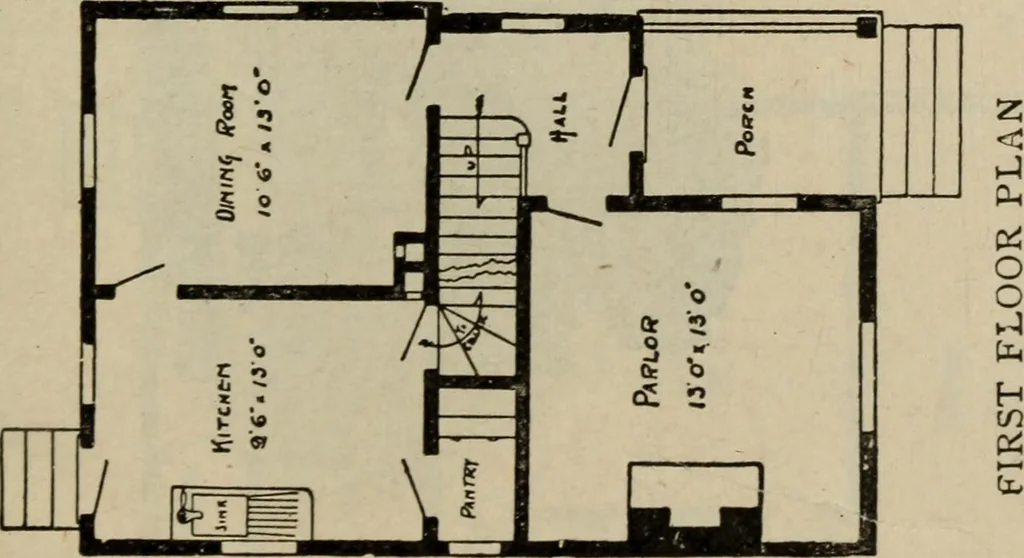 An illustration from Practical bungalows and cottages for town and country, perspective views and floor plans for three hundred low and medium priced houses and bungalows .., 1916, leaf 196