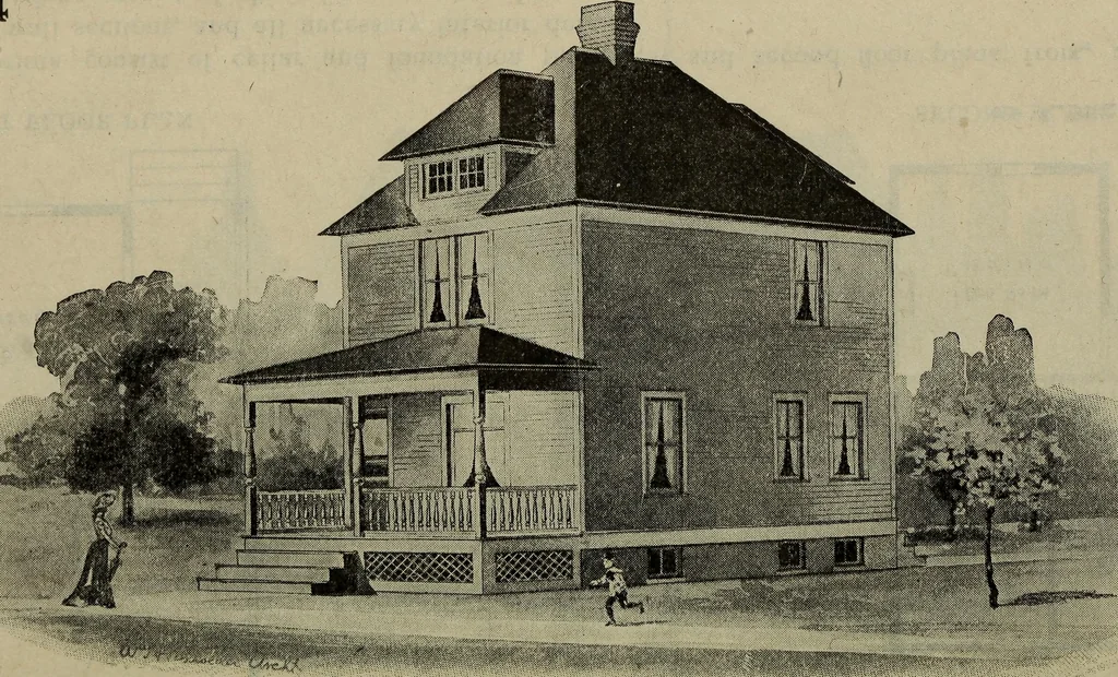 An illustration from Practical bungalows and cottages for town and country, perspective views and floor plans for three hundred low and medium priced houses and bungalows .., 1916, leaf 197