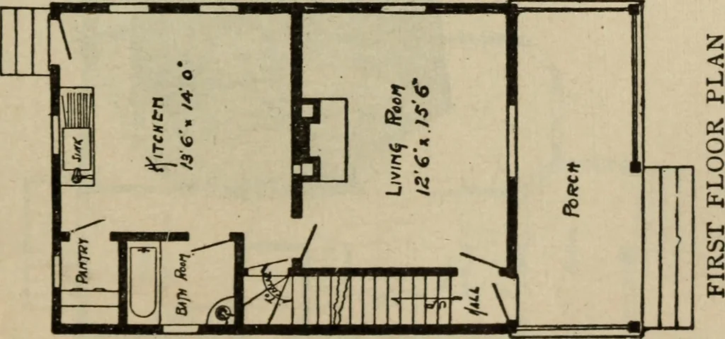 An illustration from Practical bungalows and cottages for town and country, perspective views and floor plans for three hundred low and medium priced houses and bungalows .., 1916, leaf 198